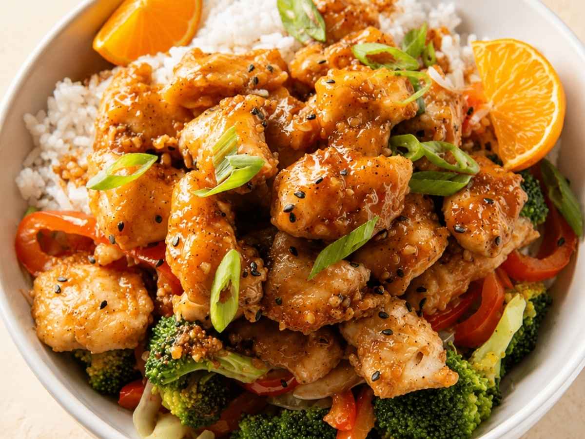 Closeup of glazed orange chicken pieces over rice with sesame and green onion garnish