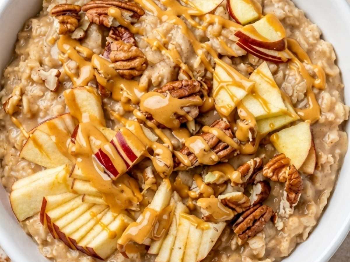 Closeup of creamy peanut butter oatmeal breakfast bowl with melted peanut butter drizzle