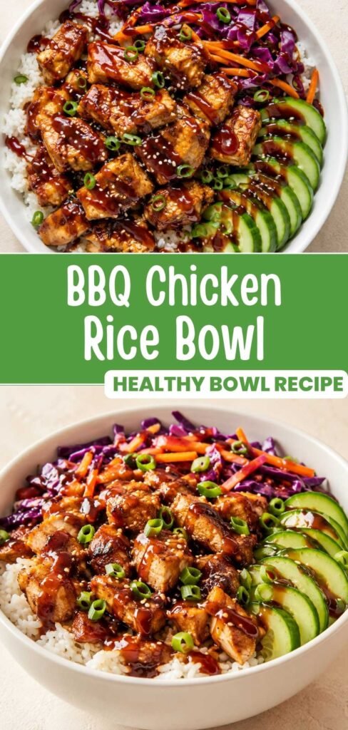 BBQ chicken rice bowl with avocado, cabbage slaw, and carrots, ready in 30 minutes