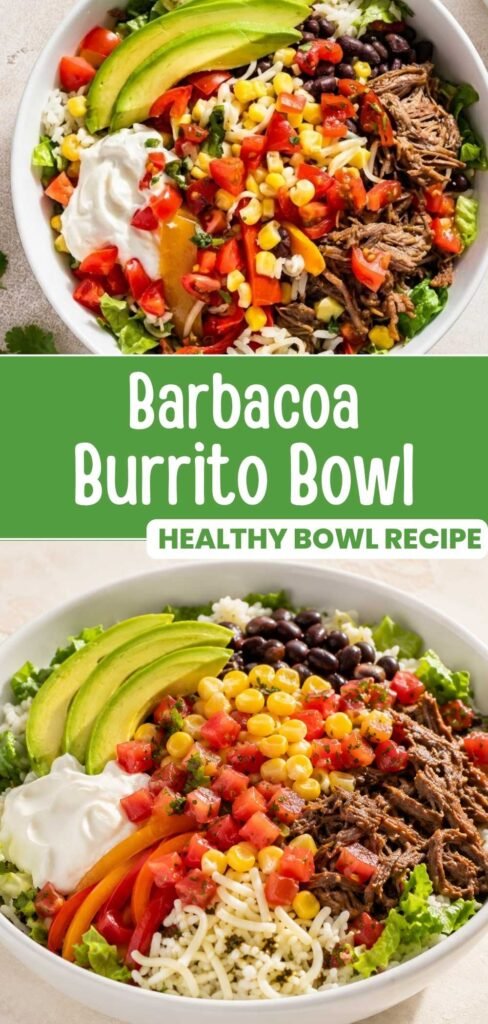 Barbacoa burrito bowl with shredded beef, rice, and fresh toppings, ready to pin