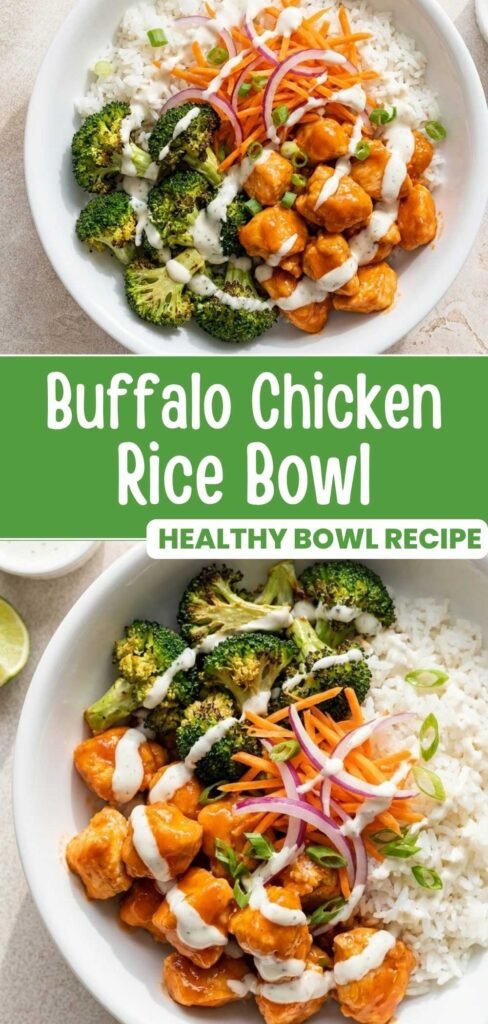 Buffalo chicken rice bowl with roasted broccoli, ranch, and blue cheese, ready in 30 minutes