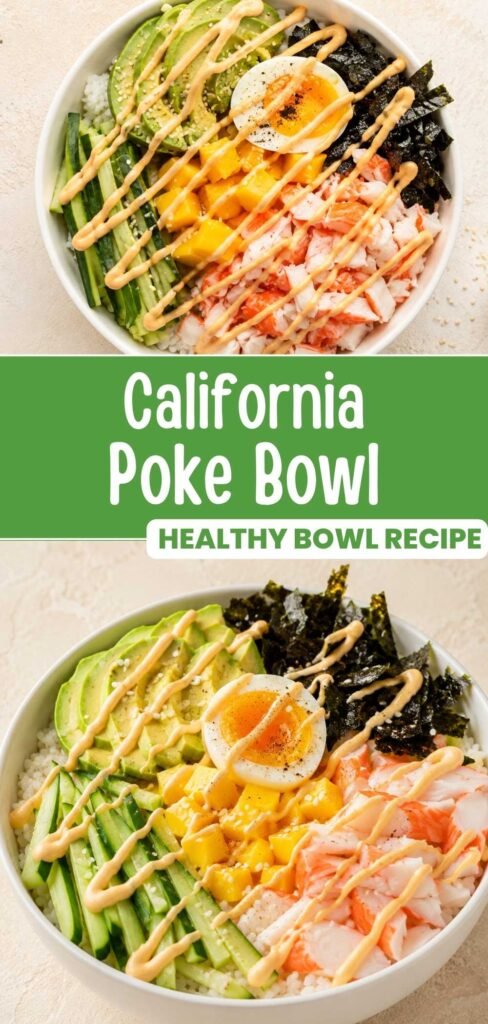 California Poke Bowl in a bowl with crab, avocado, mango, and spicy mayo, ready in 10 minutes