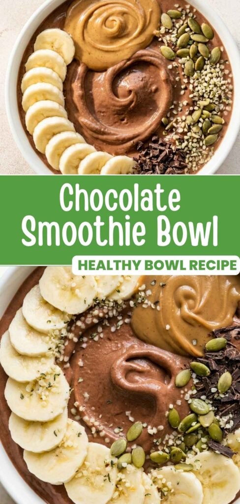 Chocolate smoothie bowl topped with berries and nuts, styled for a Pinterest pin