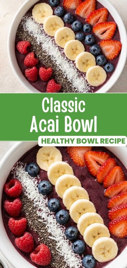 Classic acai bowl topped with strawberries, banana, and coconut, styled for a Pinterest pin