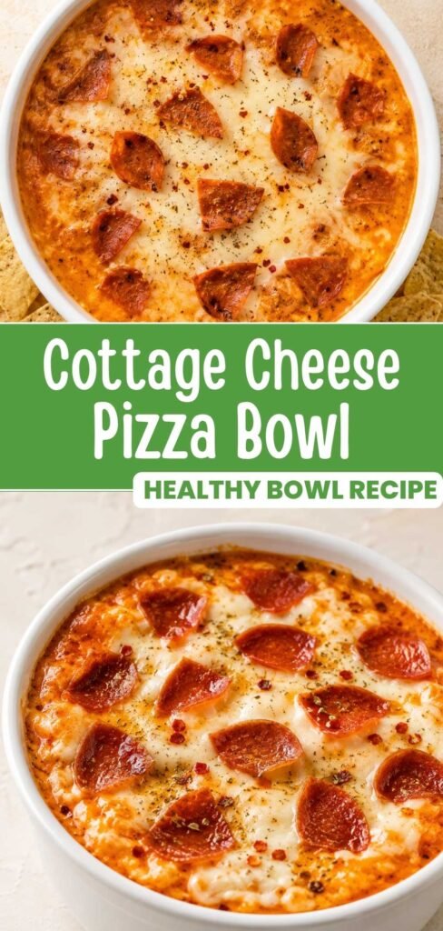 Cottage cheese pizza bowl finished and topped with melted cheese, ready to eat