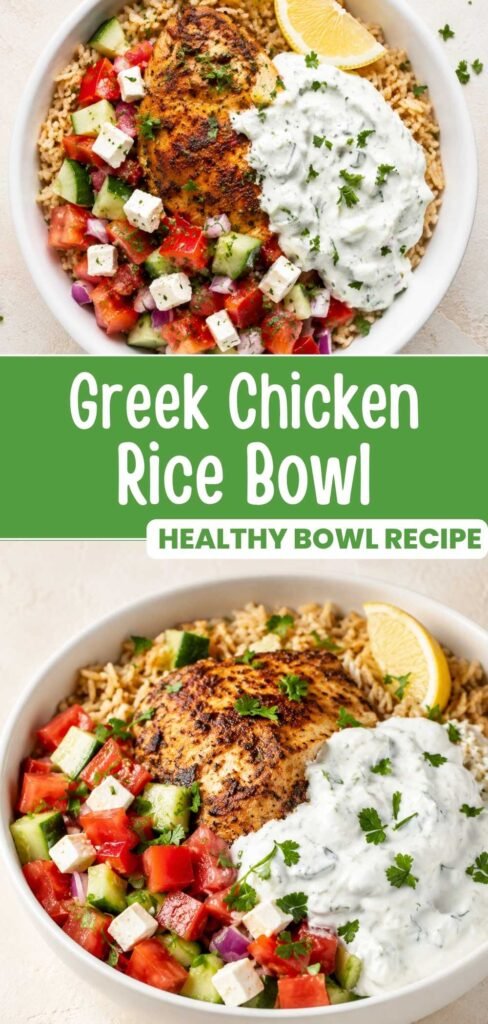 Pinterest pin of a Greek chicken rice bowl with tzatziki and lemon rice