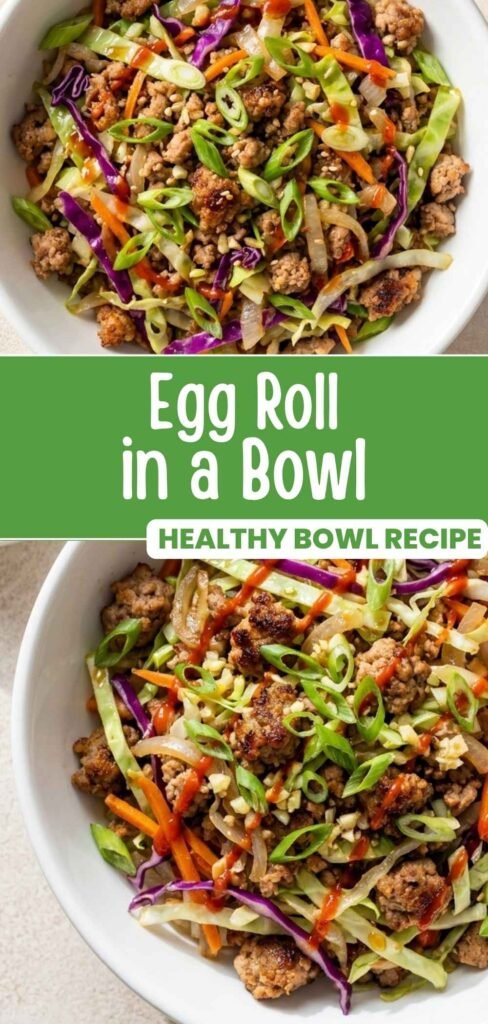 Egg roll in a bowl recipe with pork and cabbage in a white bowl, pinnable image
