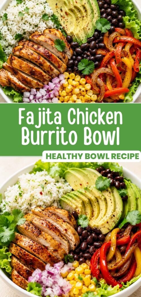 Fajita chicken burrito bowl in a white bowl with chicken, rice, beans, corn and avocado, ready in 30 minutes