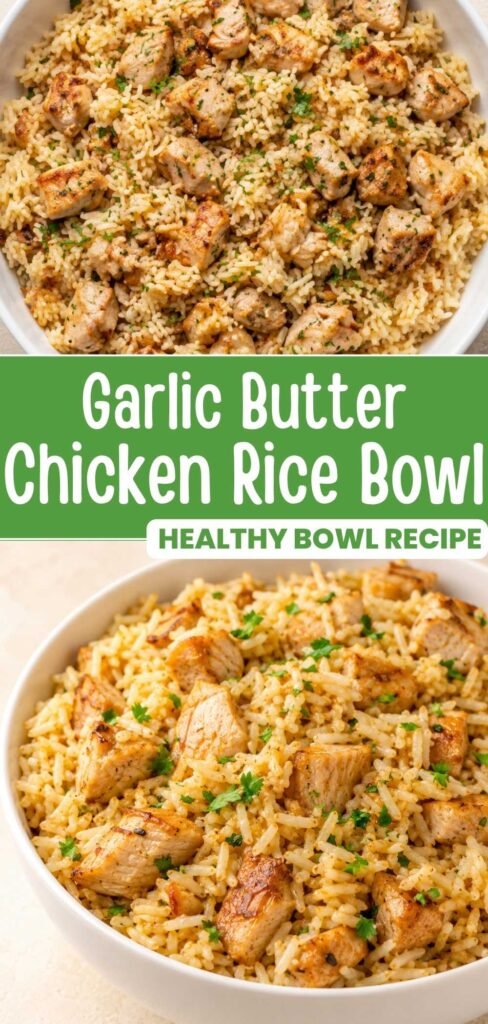 Garlic butter chicken rice bowl finished dish with fried egg, perfect for an easy weeknight dinner
