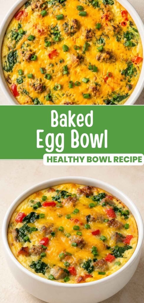 Two views of a high protein baked egg bowl, wide shot and closeup, stacked for Pinterest