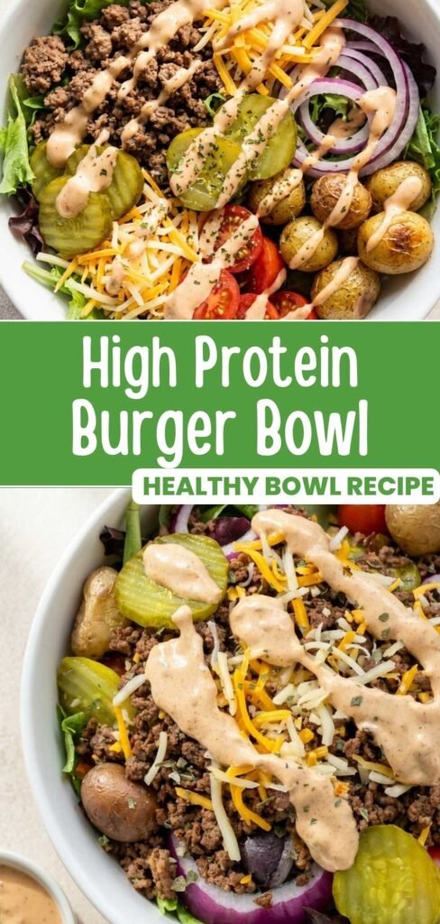 Finished high protein burger bowl with Greek yogurt sauce styled for a Pinterest pin