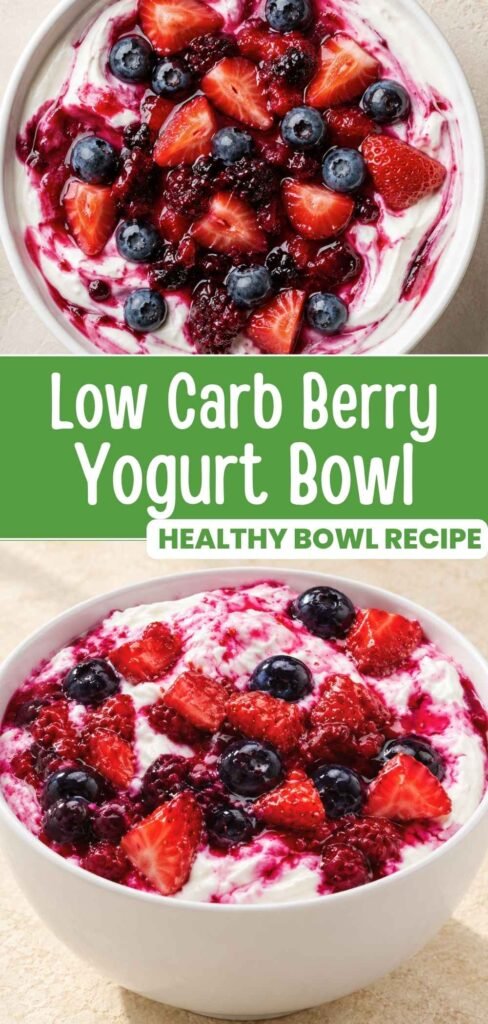 Closeup of a low carb berry yogurt bowl with whipped Greek yogurt and warm berries