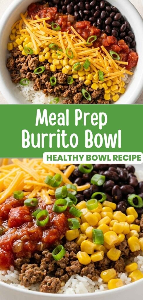 Pinterest pin with a wide shot and close up of the Meal Prep Burrito Bowl with rice, taco meat, beans, and cheese