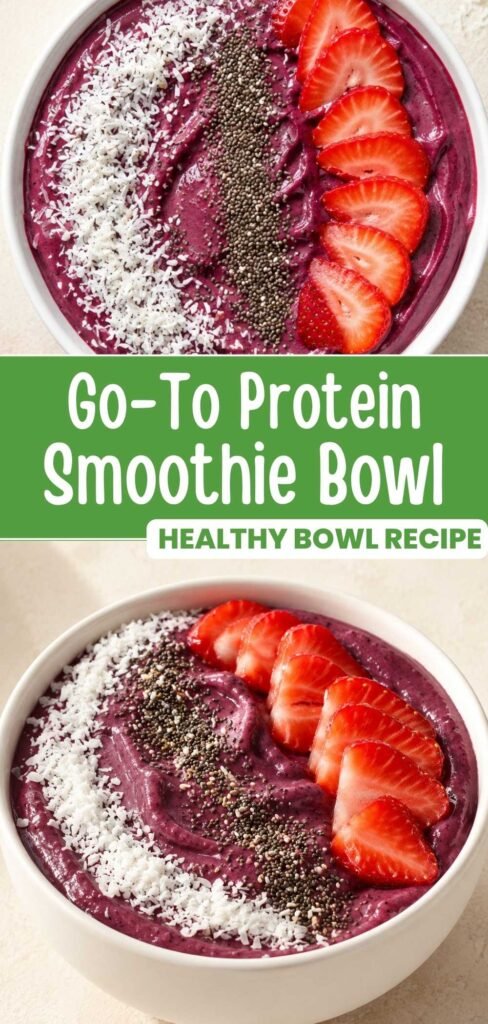 Protein smoothie bowl topped with berries and granola, Pinterest pin image