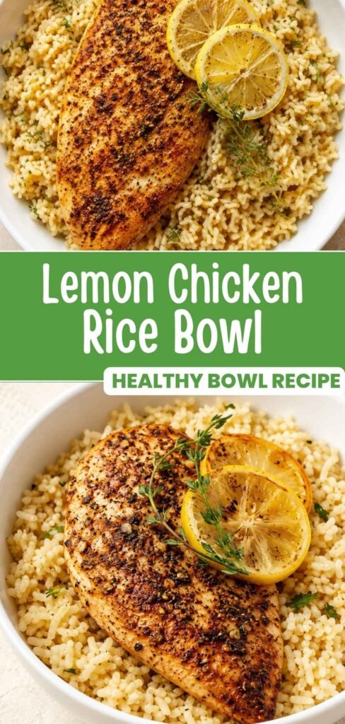 Pinterest pin image of one pot lemon herb chicken and rice bowl showing wide angle and close up shots with recipe title text overlay