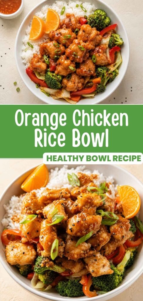 Orange chicken rice bowl with broccoli and bell peppers, easy 40-minute weeknight dinner