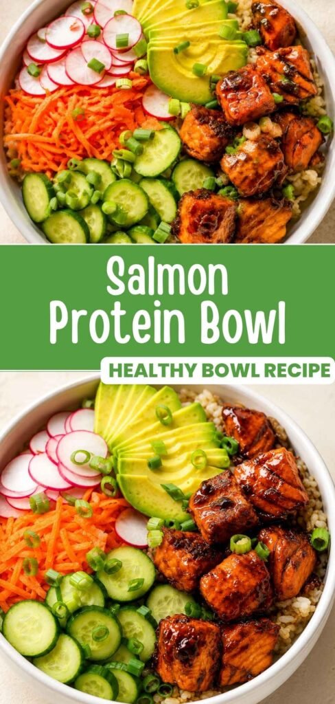 Salmon protein bowl with teriyaki salmon, brown rice, avocado, and veggies, ready in 30 minutes