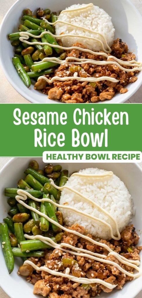 Sesame chicken rice bowl with sticky glaze, rice, and green beans styled for Pinterest