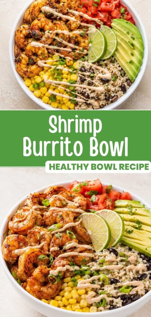 Shrimp burrito bowl with cauliflower rice, black beans, avocado, and Greek yogurt dressing