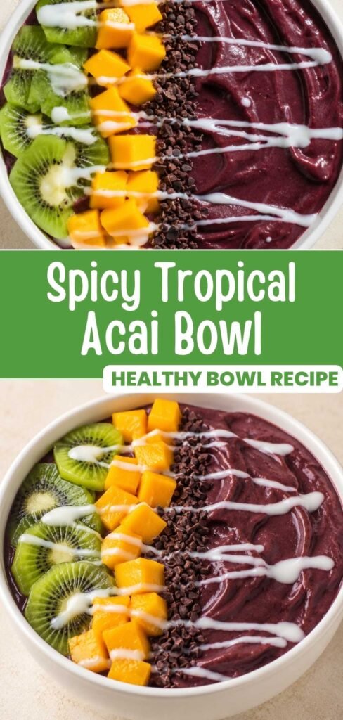 Spicy tropical acai bowl with mango and pineapple, easy 5 minute breakfast