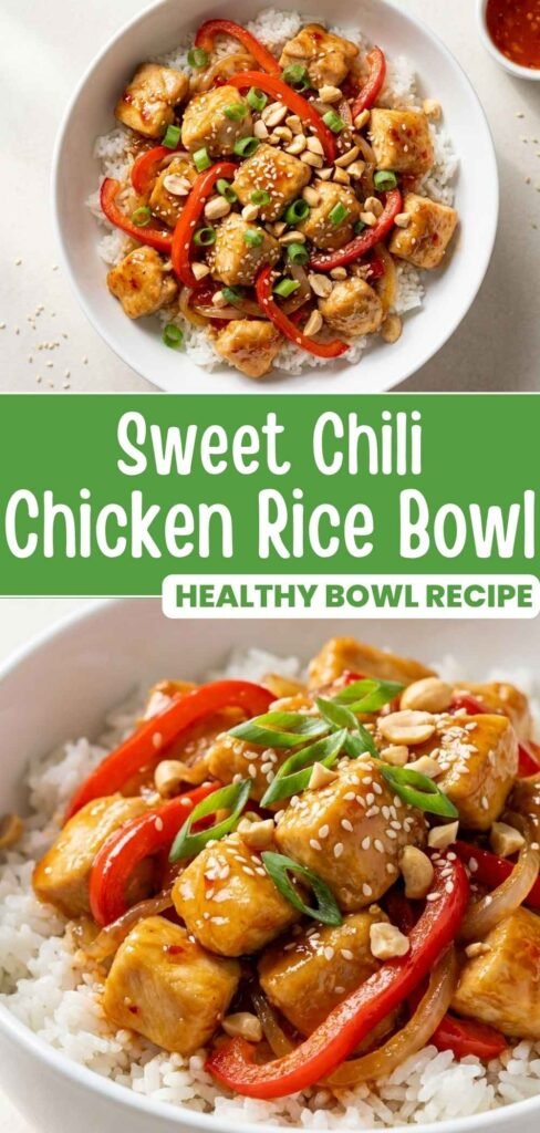 Sweet chili chicken rice bowl with sticky glazed chicken, rice, and vegetables, styled for Pinterest