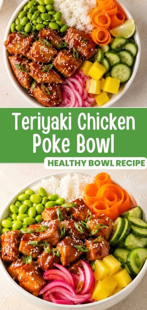 Teriyaki chicken poke bowl with sushi rice, pineapple, and spicy mayo drizzle, finished bowl view