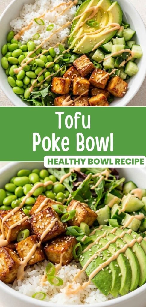 Tofu poke bowl with crispy sesame tofu, brown rice, edamame, and avocado, ready in 50 minutes