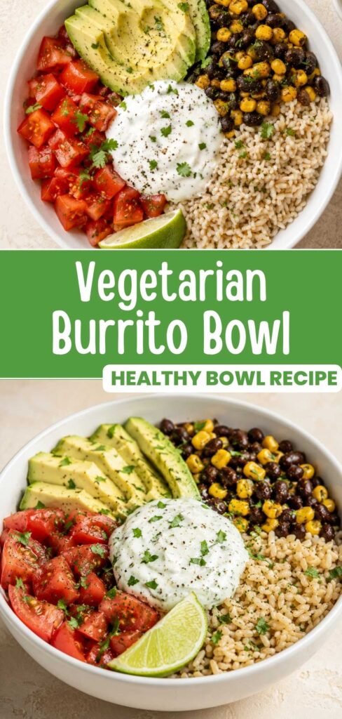 Vegetarian burrito bowl recipe with black beans, corn, and avocado ready in 20 minutes