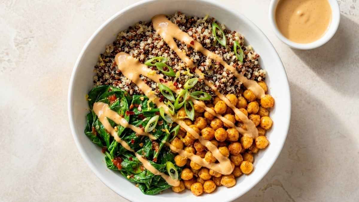 Quinoa Protein Bowls with Roasted Chickpeas and Spicy Greens