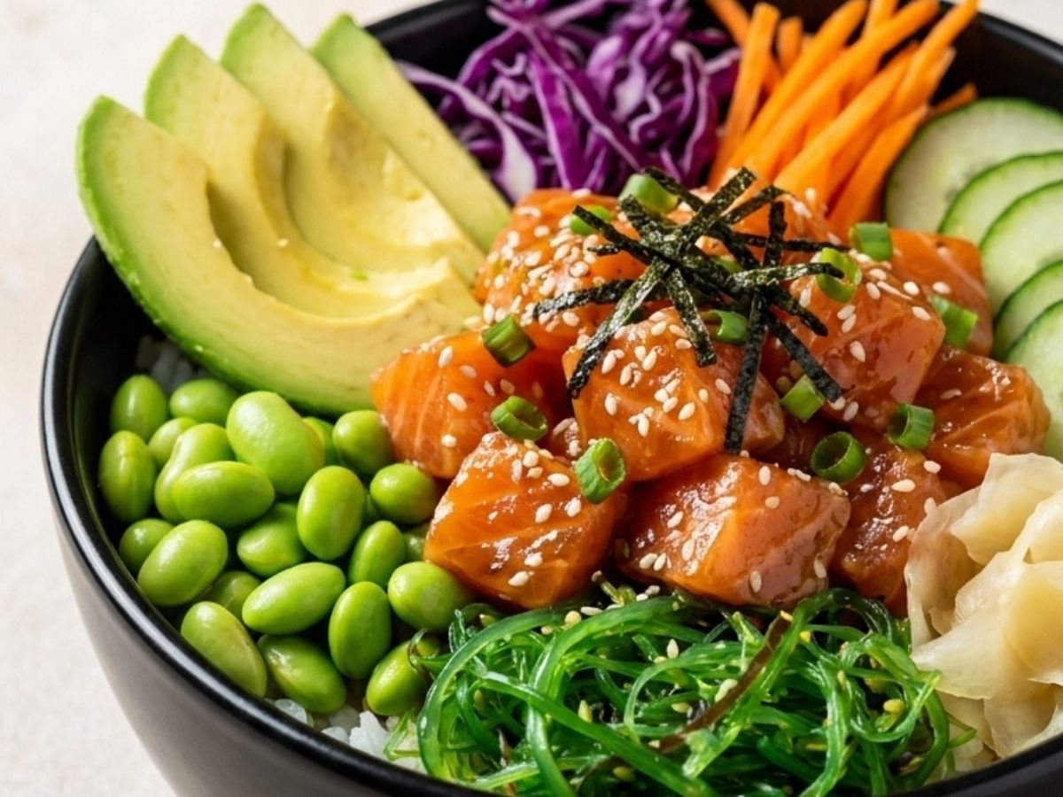 Diced salmon marinating for a salmon poke bowl recipe