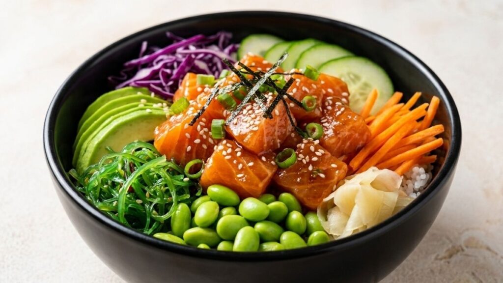 Salmon poke bowl with rice, pickled cucumbers, and sriracha mayo