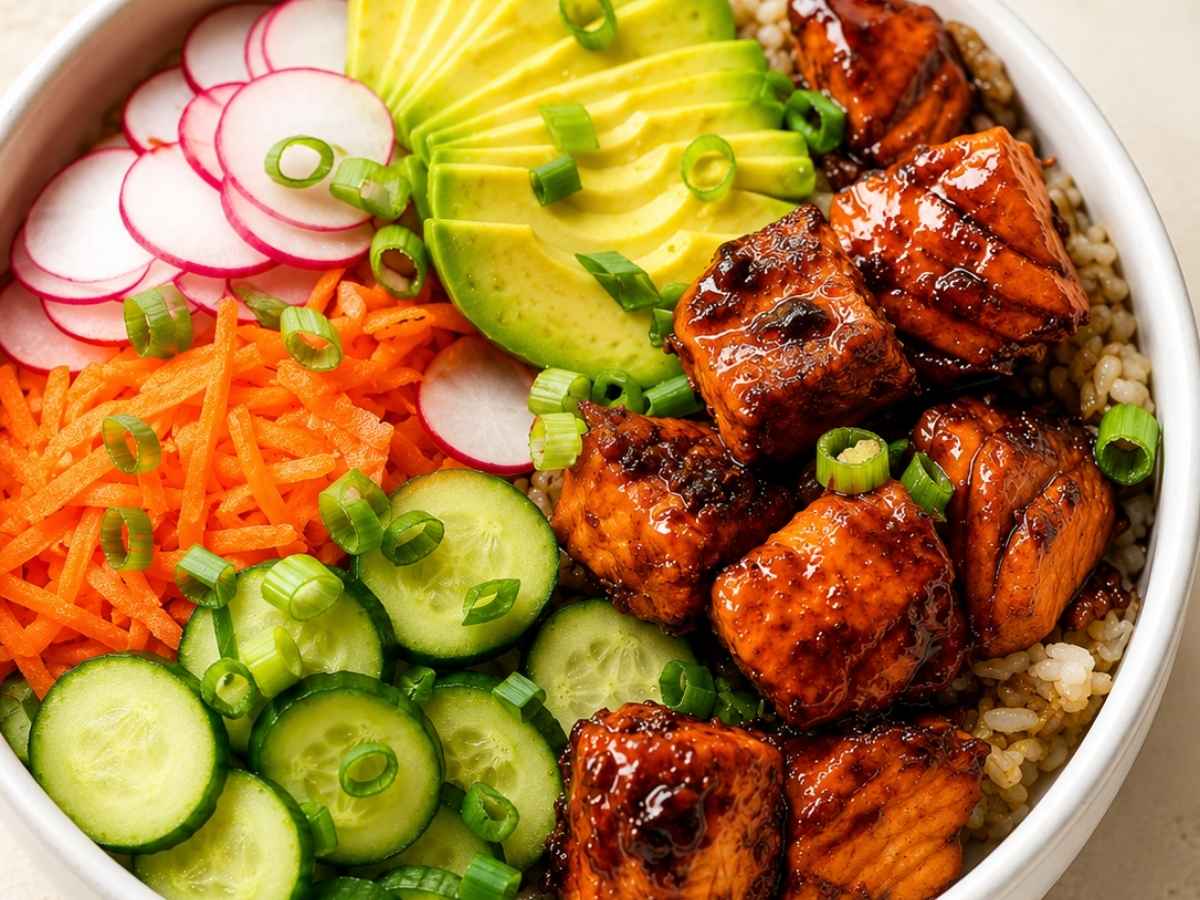 Close up of flaky teriyaki salmon over brown rice with avocado slices and green onion