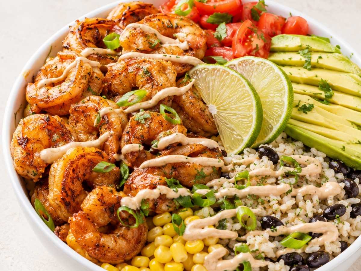 Close-up of seasoned shrimp and creamy dressing on a burrito bowl