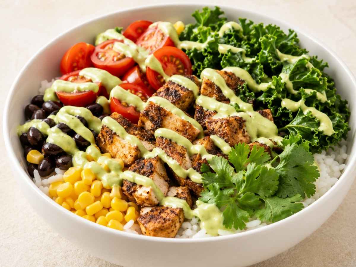 Close up of a southwest burrito bowl showing chicken, black beans, corn, and avocado lime sauce