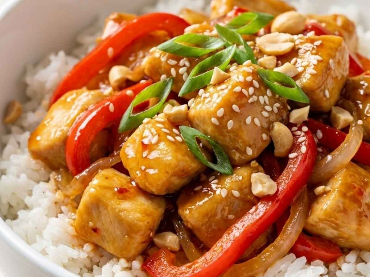 Closeup of glossy sweet chili glazed chicken over rice, topped with green onion, sesame seeds, and chopped peanuts