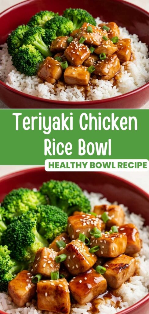 Teriyaki Chicken Rice Bowl pin showing finished dish with rice and vegetables