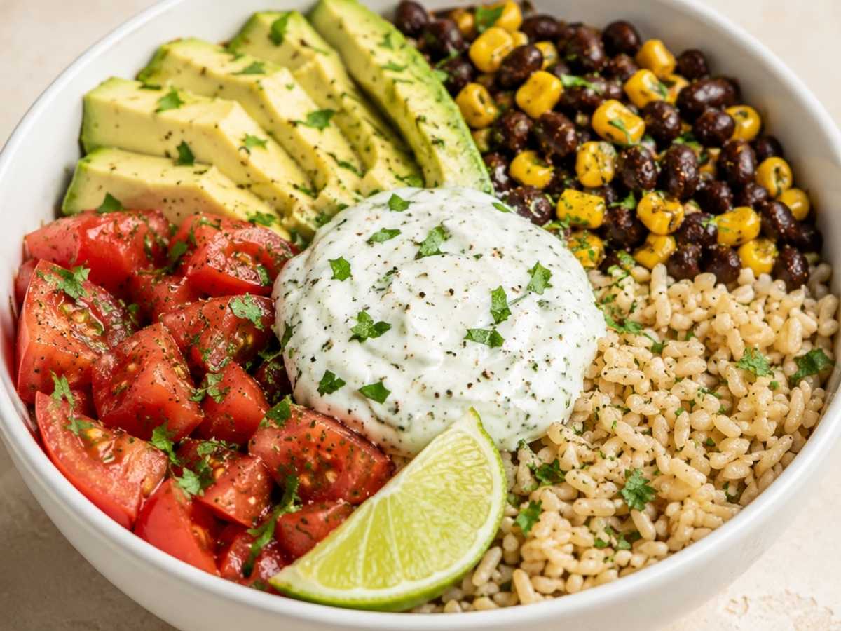 Close up of a vegetarian burrito bowl topped with avocado, yogurt, and fresh cilantro