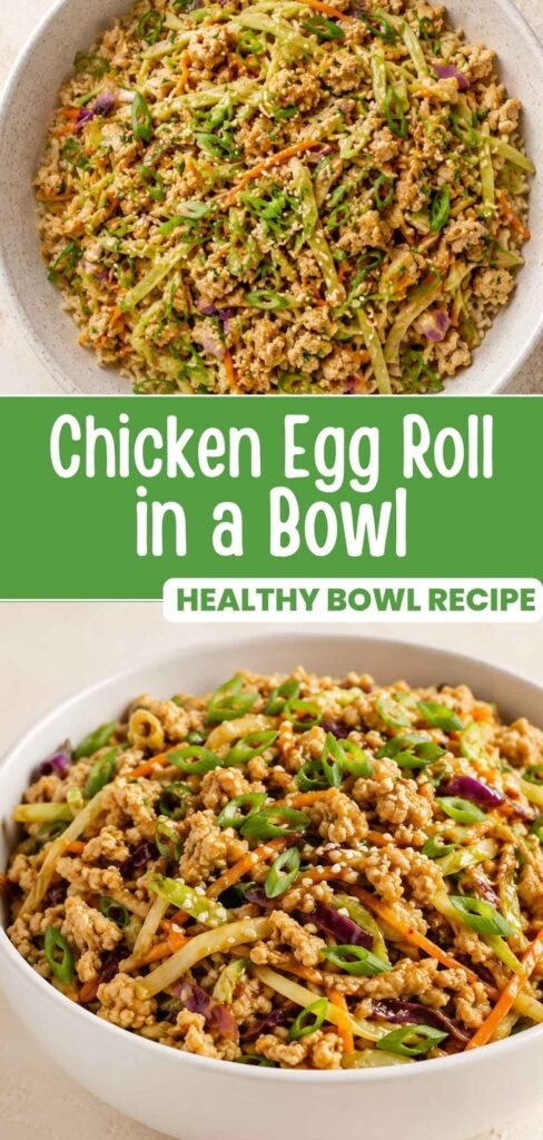 Chicken egg roll in a bowl recipe with ground chicken and cabbage, easy 20 minute dinner
