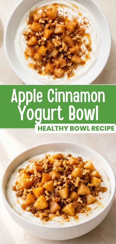 Apple cinnamon yogurt bowl with cinnamon apples and walnuts, easy 30 minute breakfast recipe