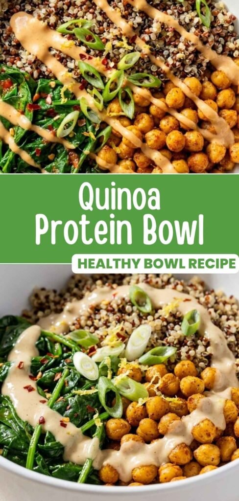 Finished quinoa protein bowl with roasted chickpeas and tahini chili sauce styled for Pinterest