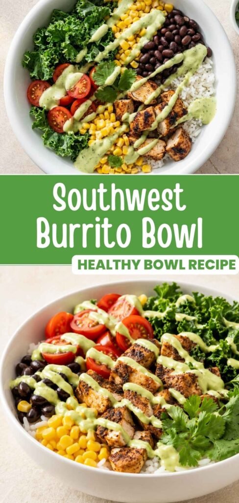 Southwest burrito bowl with chicken, rice, black beans, and avocado lime sauce, easy meal prep recipe