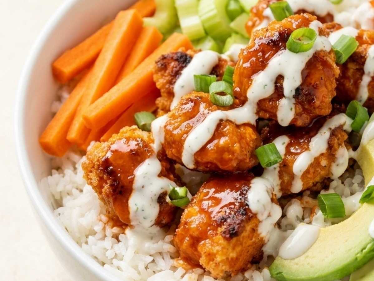 Closeup of crispy buffalo chicken pieces glazed in sauce over rice