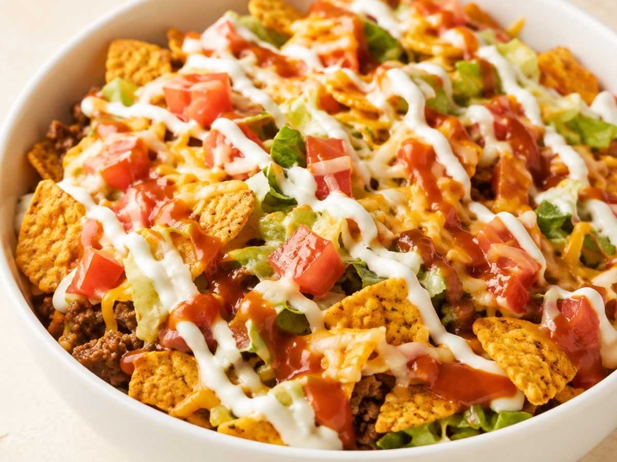 Close up of a walking taco bowl showing melted cheese, crushed tortilla chips, and taco sauce drizzle