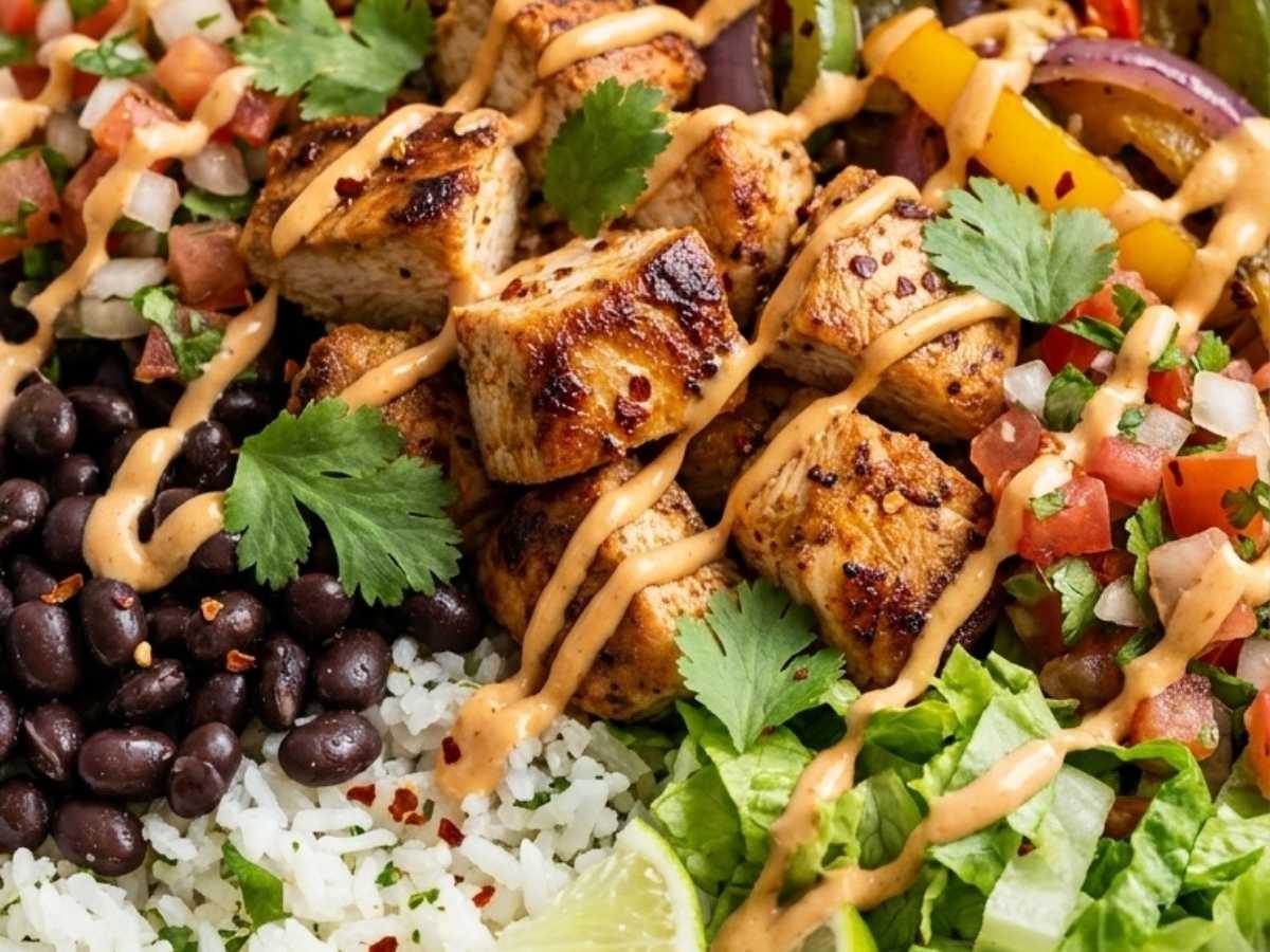 Close up of chicken fajita bowl showing charred peppers, sliced chicken, and creamy chipotle aioli drizzle
