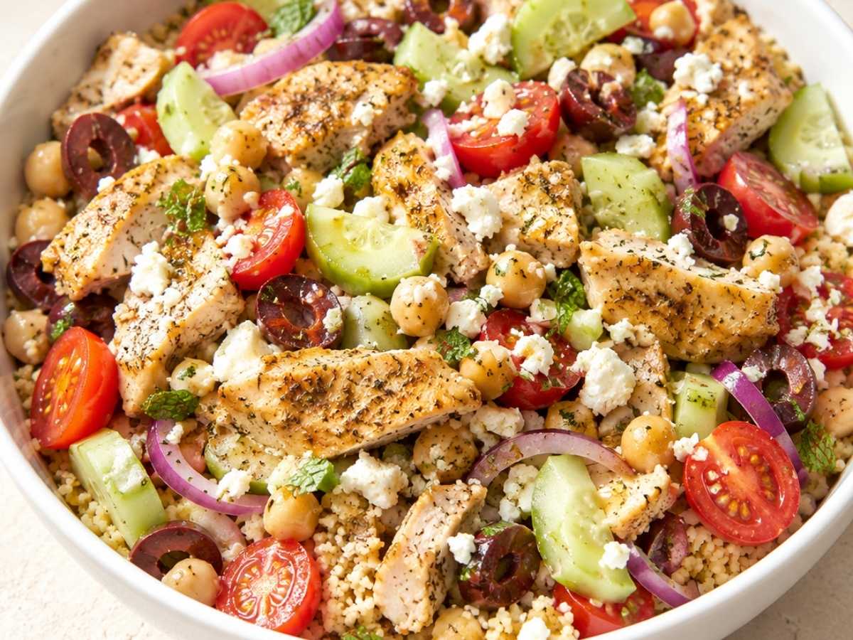 Close-up of a Greek protein bowl showing feta, olives, and roasted chicken pieces over couscous
