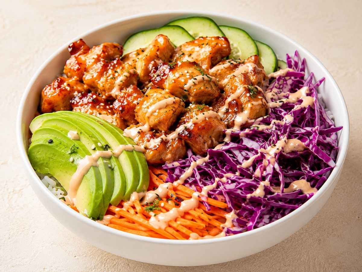 Close up of bang bang chicken rice bowl showing crispy chicken coated in creamy spicy sauce