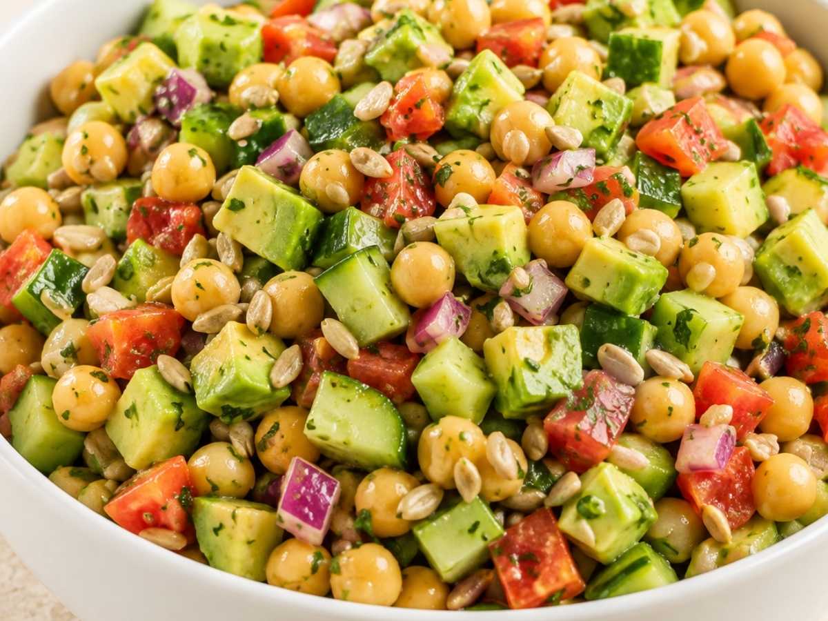 Close-up of chickpea avocado bowl showing creamy avocado chunks and lemon dressing