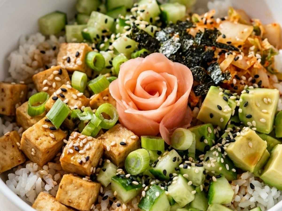 Close-up of high-protein sushi bowl showing crispy pan-seared tofu, avocado cubes, and sesame seeds