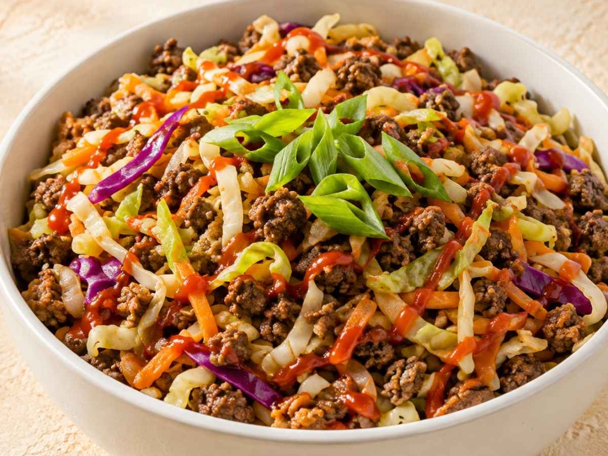 Close up of egg roll in a bowl showing ground beef, cabbage, and sesame seeds
