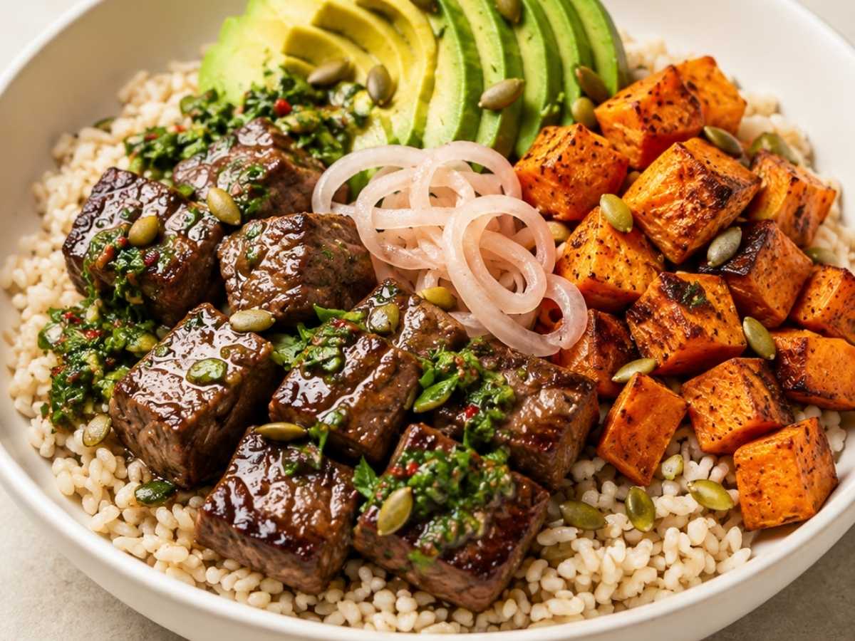Close-up of seared garlic butter steak bites over rice with chimichurri and avocado